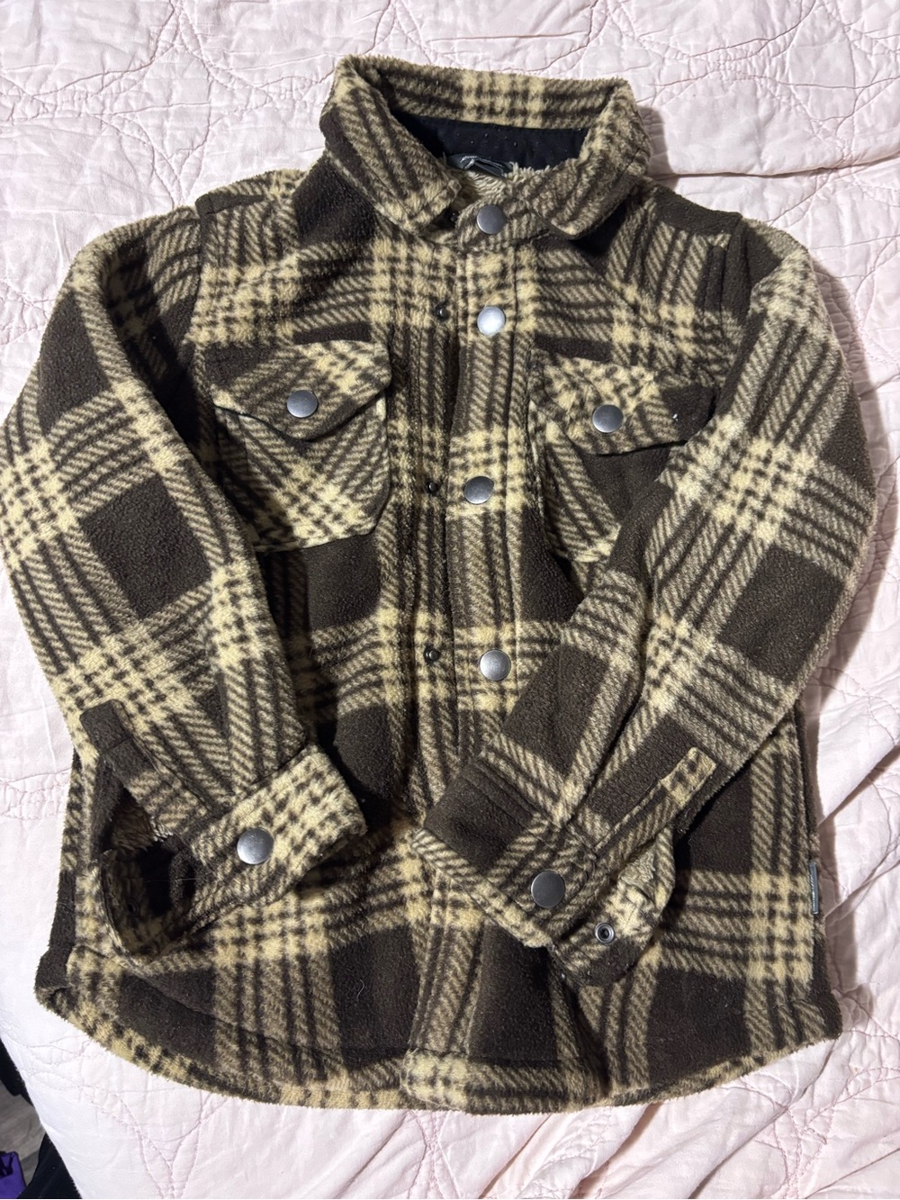 Eddie Bauer Olive & Cream Plaid Fleece Shacket